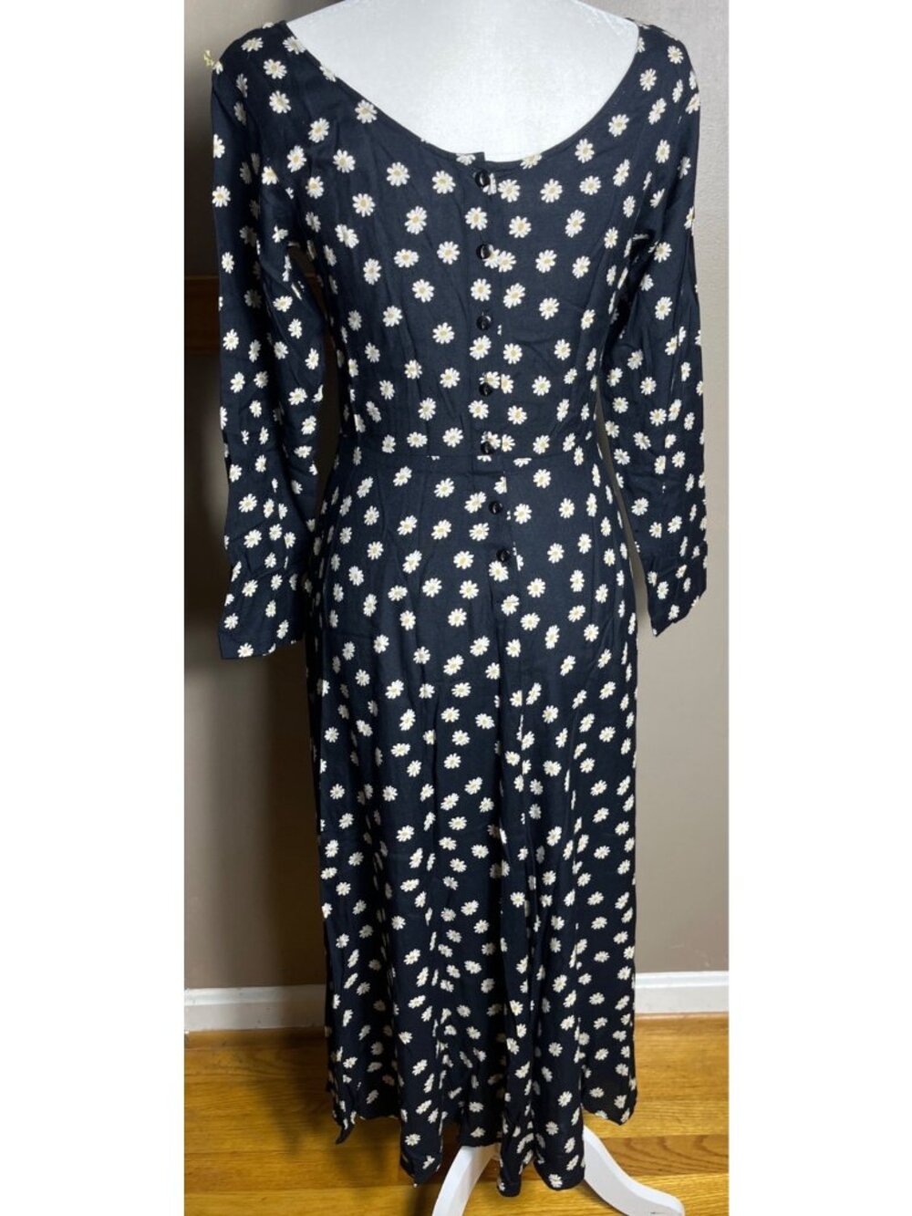 90s Style Grunge Midi Dress Black Daisy Print A-line Pockets Whimsigoth Wom 6 - Picture 4 of 10